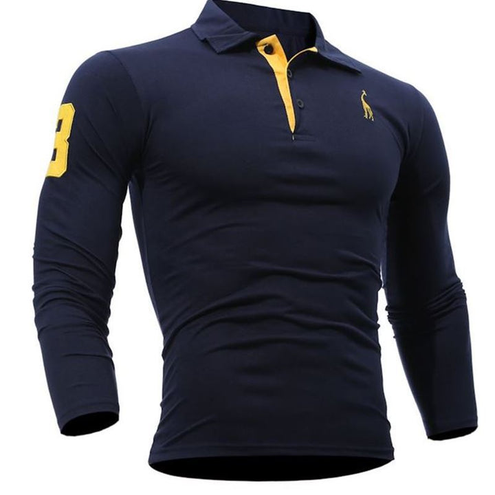 Herren Langarm Poloshirt mit Hirsch-Stickerei in Weiss