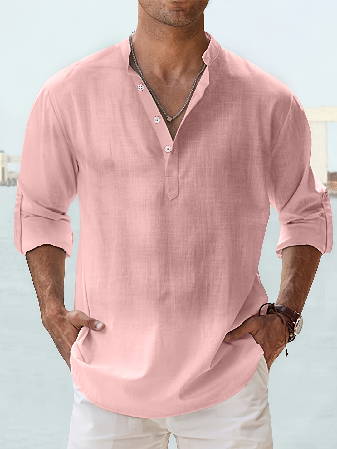 SwissFellas Herren Henley Hemd mit Langarm und Stehkragen, reguläre Passform