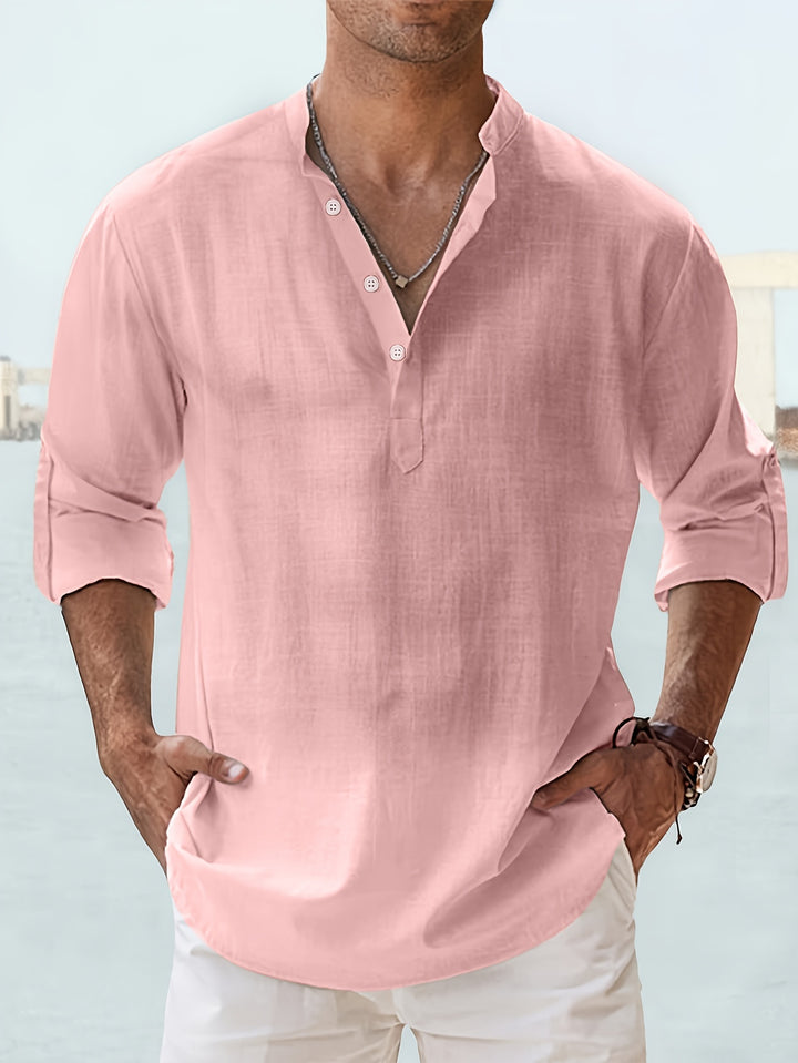 SwissFellas Herren Henley Hemd mit Langarm und Stehkragen, reguläre Passform