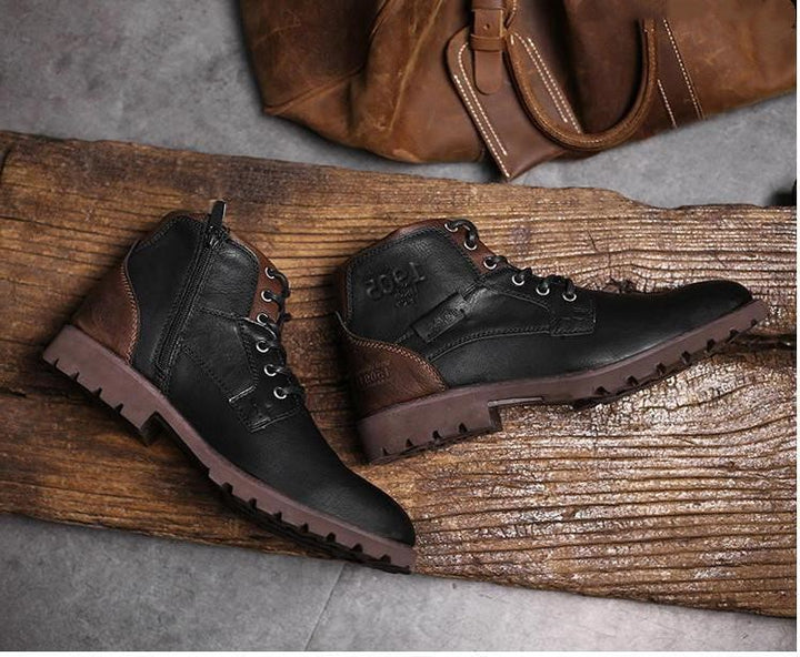 Herren Motorradstiefel in Schwarz und Braun mit Gürtelschnalle