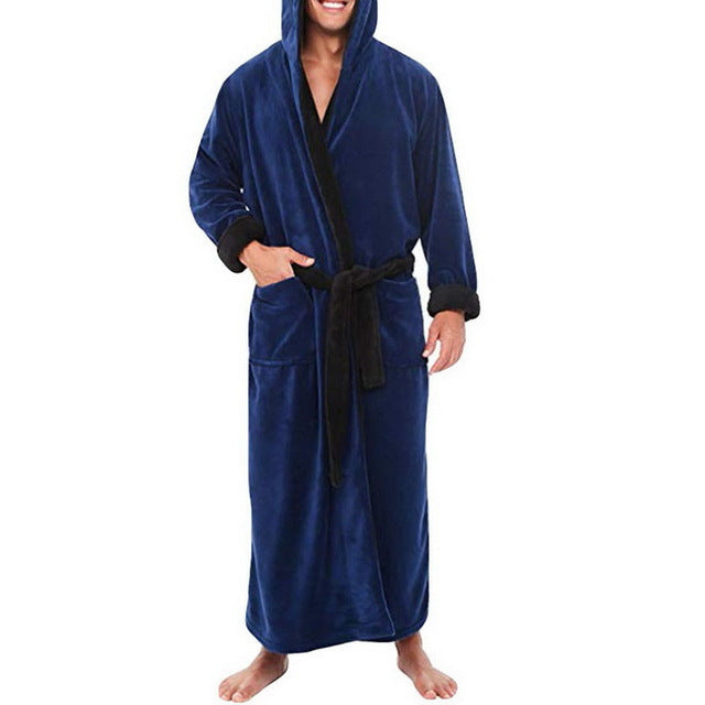 Herren Bademantel aus Flanell mit Kapuze in Schwarz