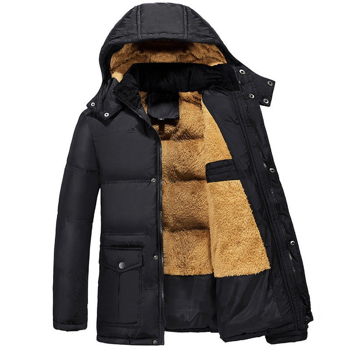 Schwarze Winterjacke Herren mit Kapuze und Plüschfutter