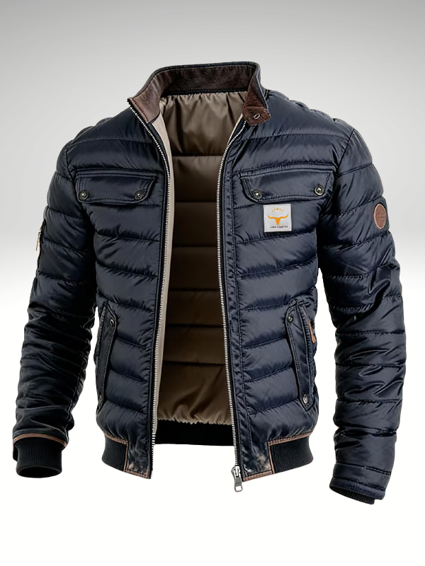 Dunkelblaue gefütterte Herrenjacke mit schmalem Schnitt