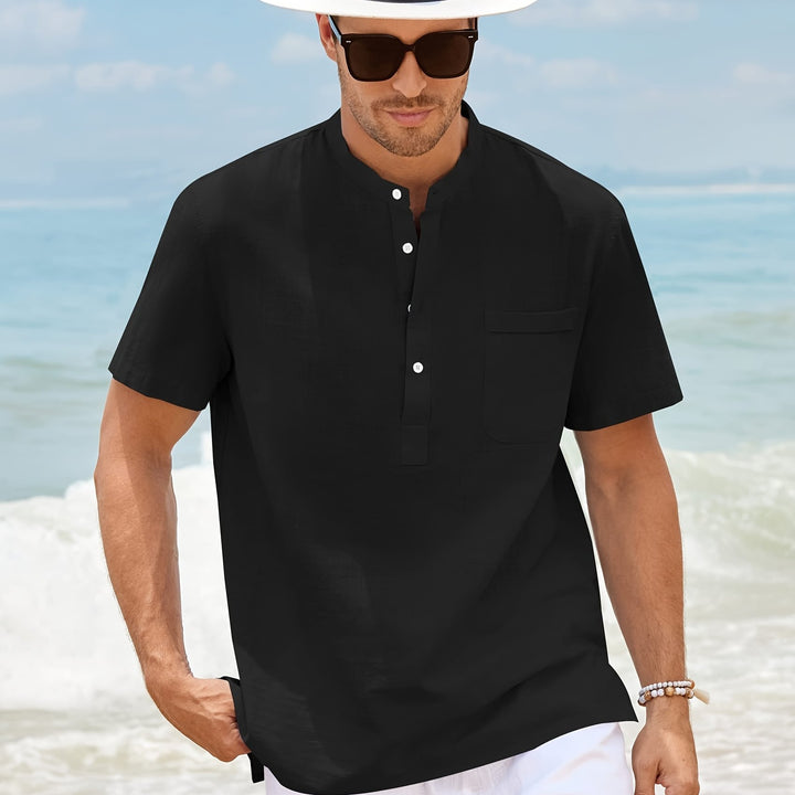 SwissFellas Herren Henley Hemd mit Kurzarm und Stehkragen, reguläre Passform