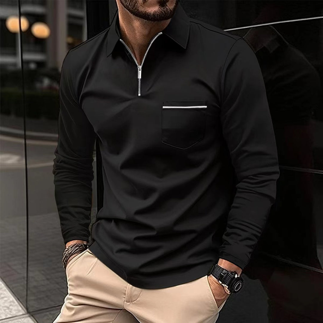 Herren Langarm Poloshirt mit Reissverschluss, einfarbig