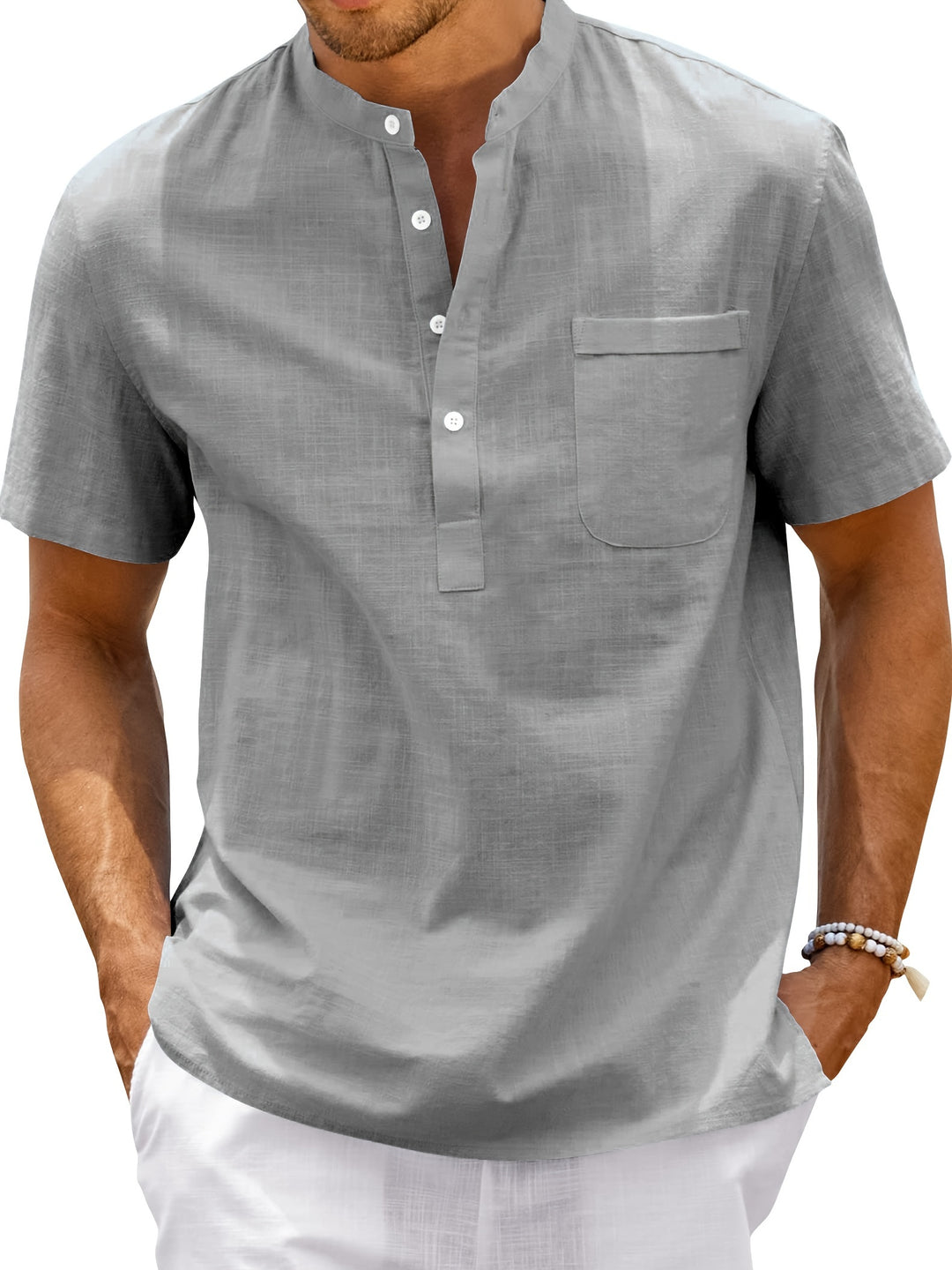 SwissFellas Herren Henley Hemd mit Kurzarm und Stehkragen, reguläre Passform