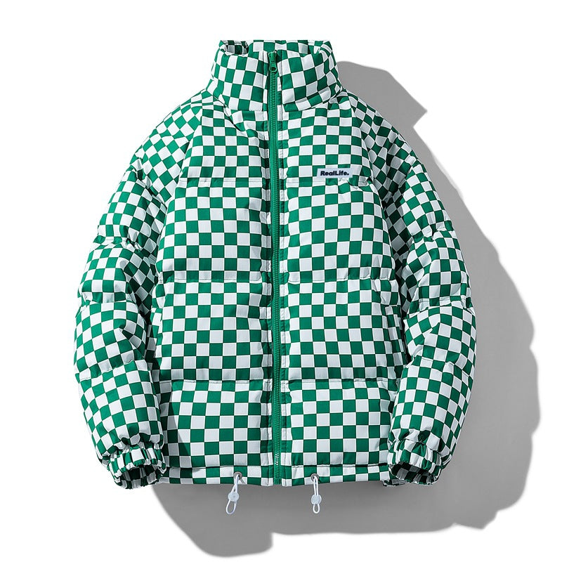 Herren gesteppte Winterjacke mit Karomuster und Stehkragen