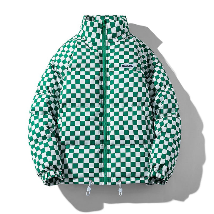 Herren gesteppte Winterjacke mit Karomuster und Stehkragen