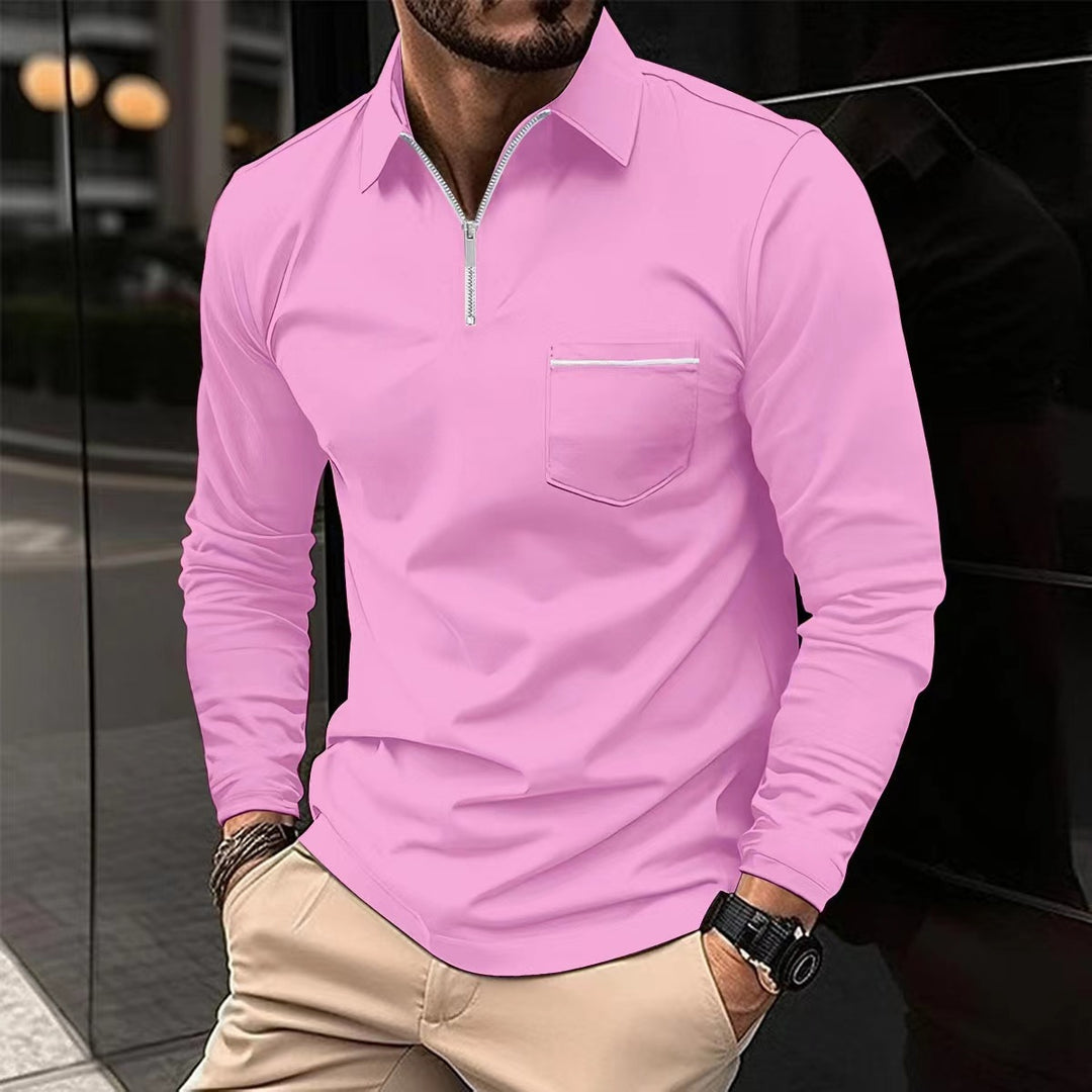 Herren Langarm Poloshirt mit Reissverschluss, einfarbig