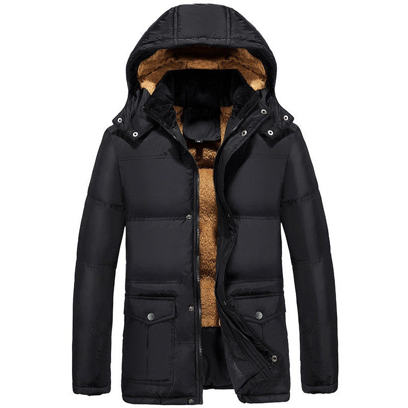Schwarze Winterjacke Herren mit Kapuze und Plüschfutter