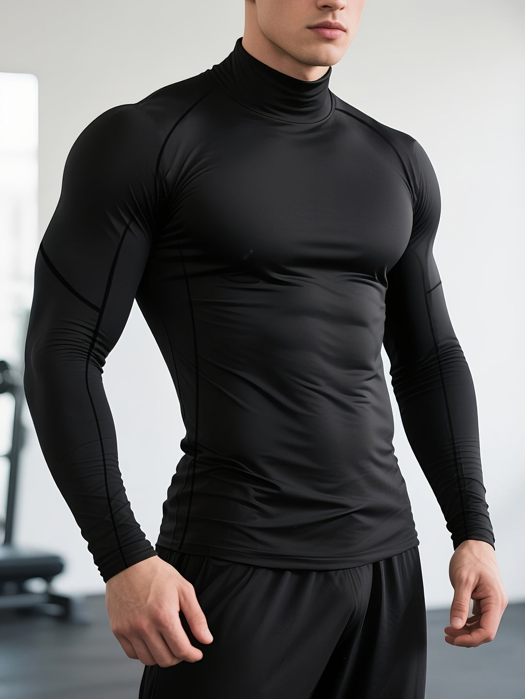 SwissFellas Herren Kompressionsshirt mit Langarm und Stehkragen, schmale Passform