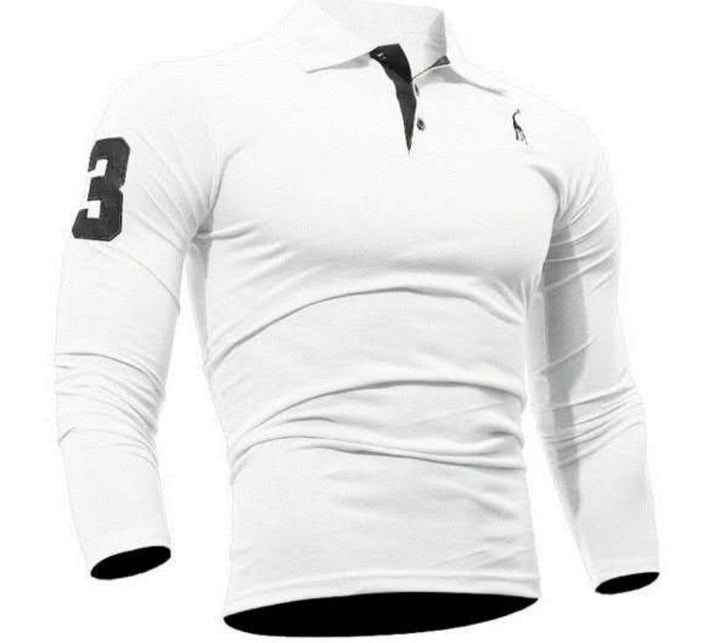 Herren Langarm Poloshirt mit Hirsch-Stickerei in Weiss