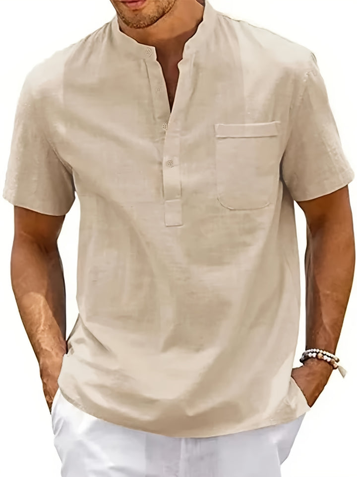 SwissFellas Herren Henley Hemd mit Kurzarm und Stehkragen, reguläre Passform