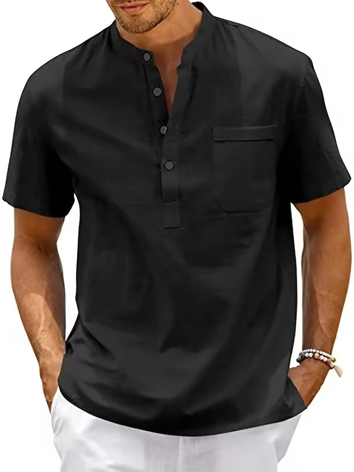 SwissFellas Herren Henley Hemd mit Kurzarm und Stehkragen, reguläre Passform