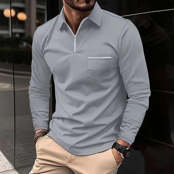 Herren Langarm Poloshirt mit Reissverschluss, einfarbig