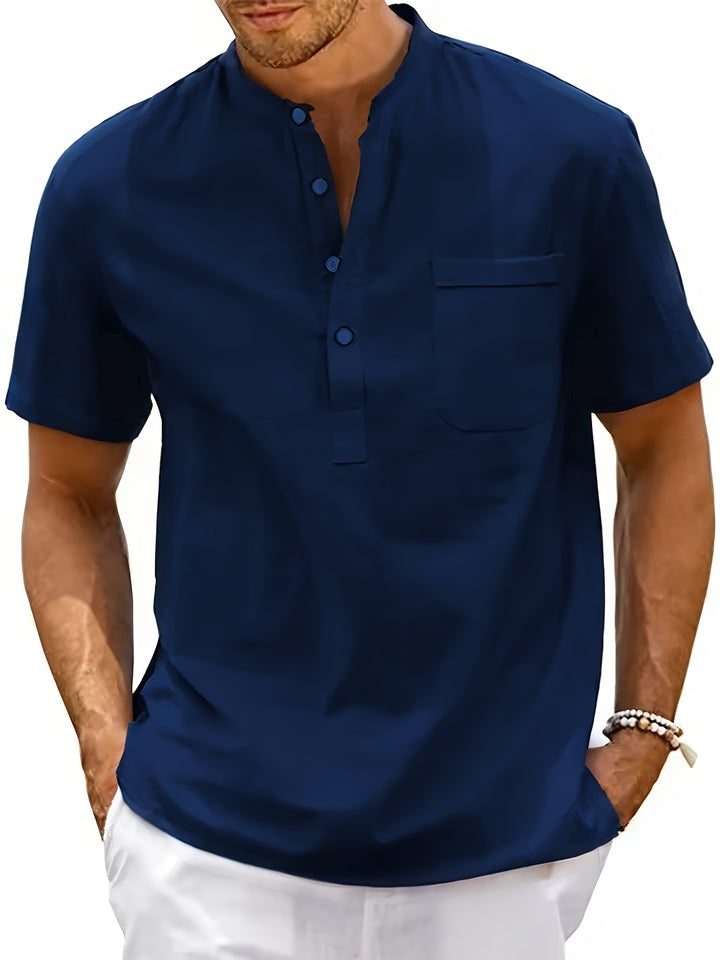 SwissFellas Herren Henley Hemd mit Kurzarm und Stehkragen, reguläre Passform