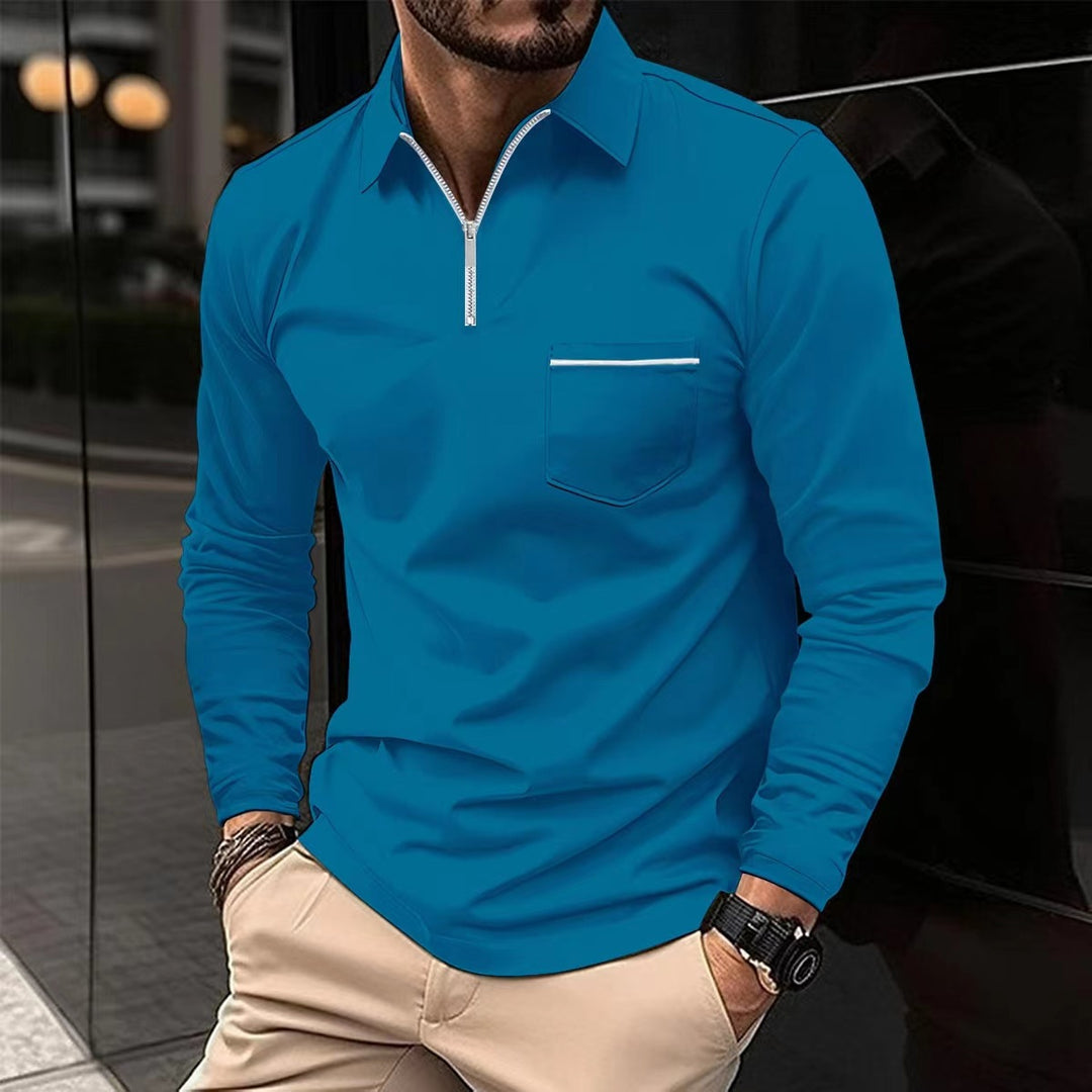 Herren Langarm Poloshirt mit Reissverschluss, einfarbig
