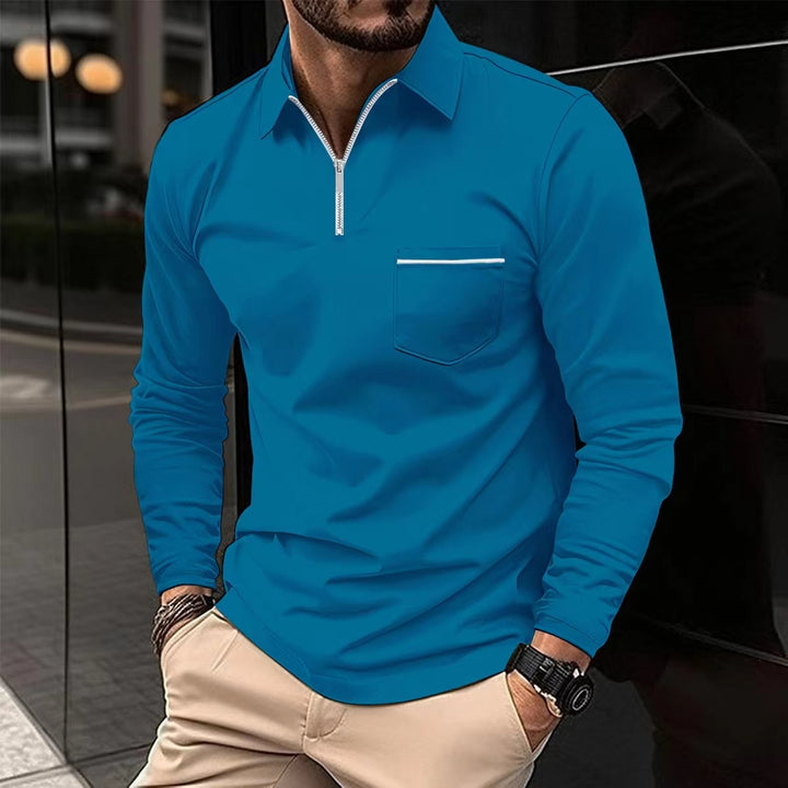 Herren Langarm Poloshirt mit Reissverschluss, einfarbig