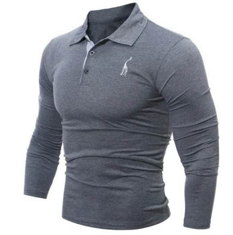 Herren Langarm Poloshirt mit Hirsch-Stickerei in Weiss