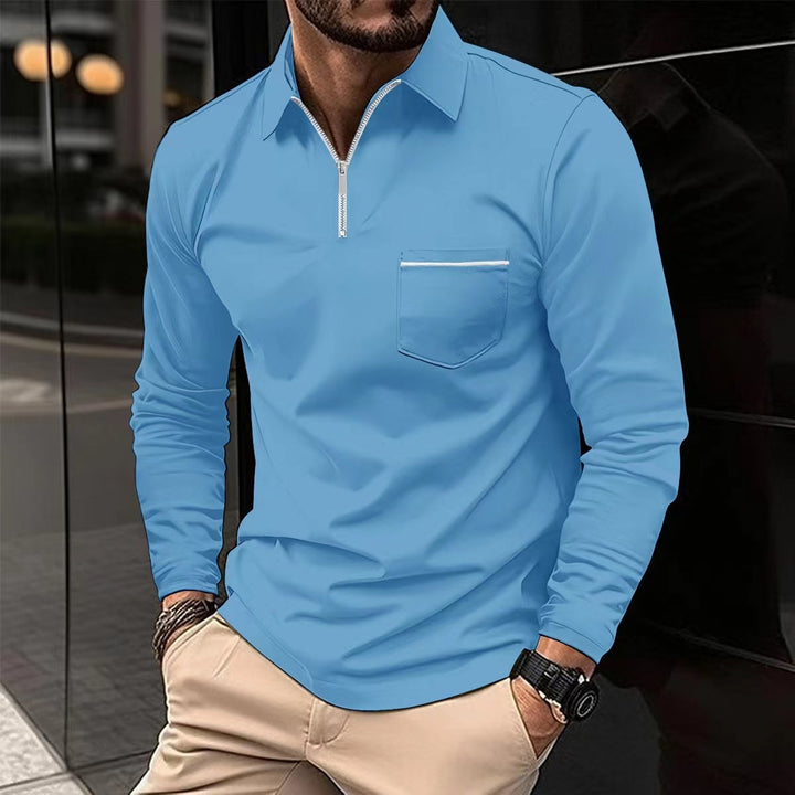 Herren Langarm Poloshirt mit Reissverschluss, einfarbig