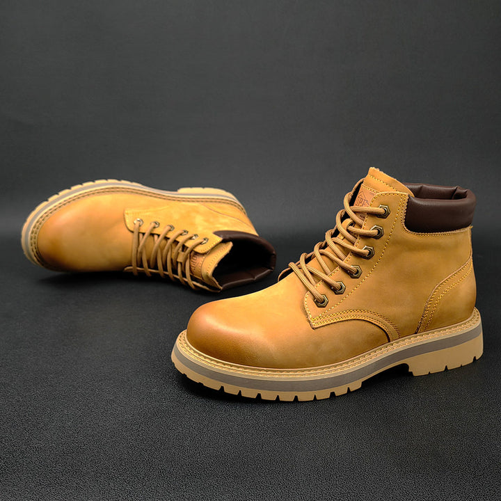 Herren Lederstiefel gelb mit Schnürung und Plateausohle