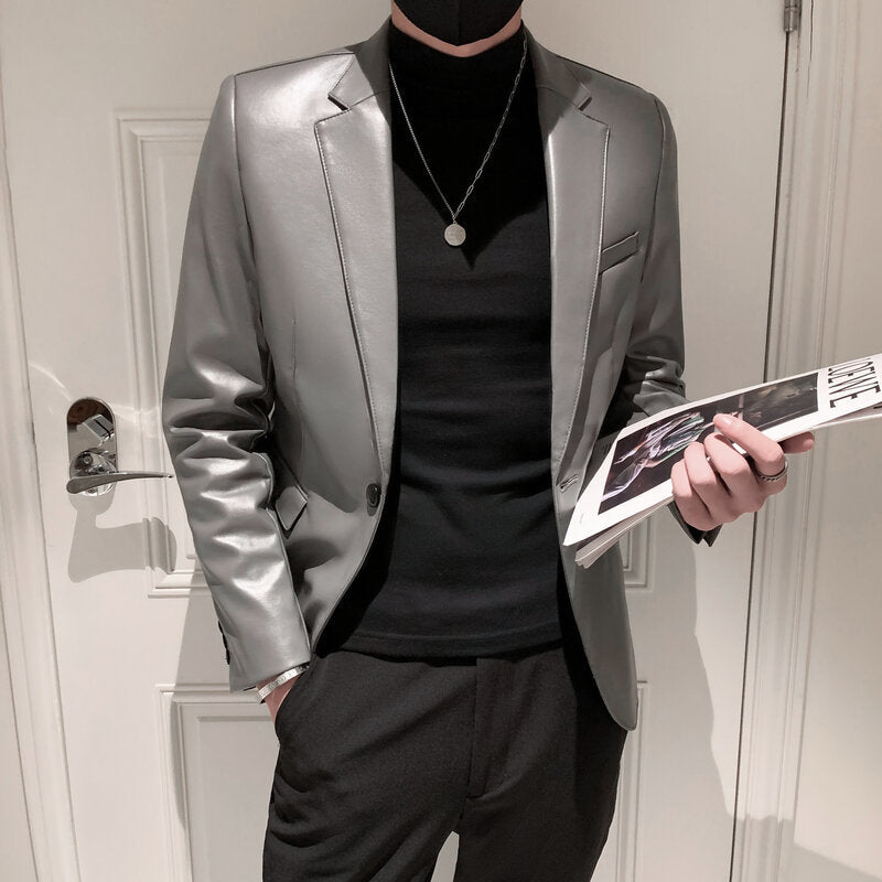 Herren Lederjacke mit Stehkragen in Schwarz im Slim Fit