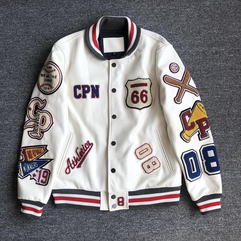 Herren Lederbomberjacke mit Stehkragen in Weiss