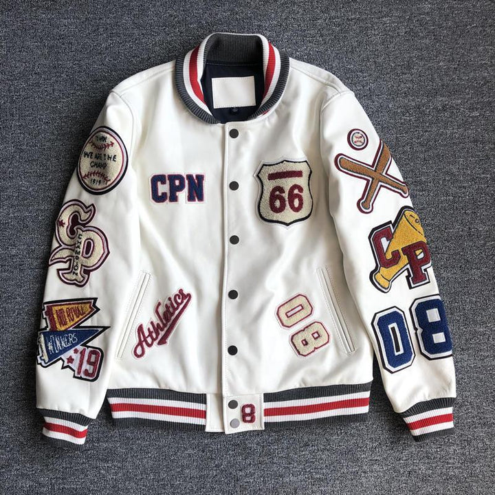 Herren Lederbomberjacke mit Stehkragen in Weiss