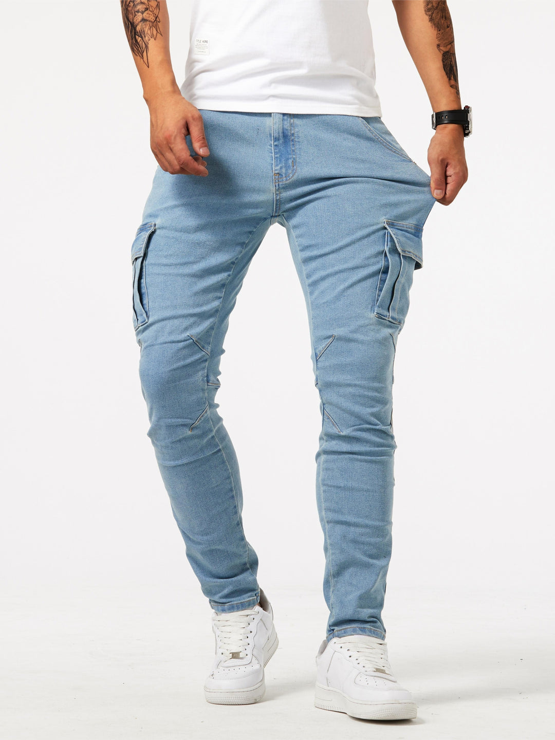 SwissFellas Herren Cargo Jeans mit schmal zulaufendem Bein, schmale Passform