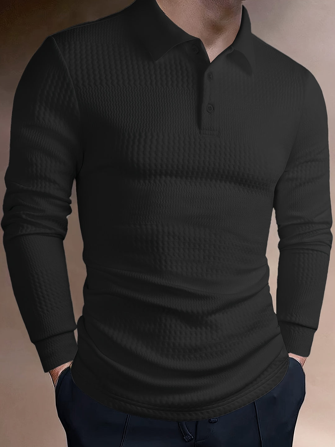 SwissFellas Herren Poloshirt mit Langarm und Rippenstruktur, schmale Passform