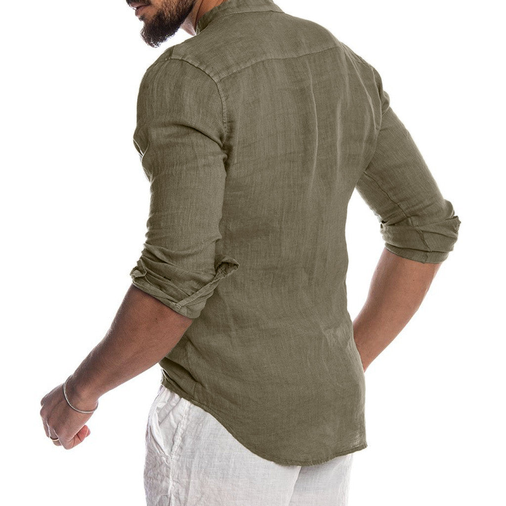 Herren Cardigan Leinen Stehkragen langarm Frontansicht