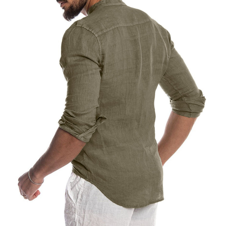 Herren Cardigan Leinen Stehkragen langarm Frontansicht