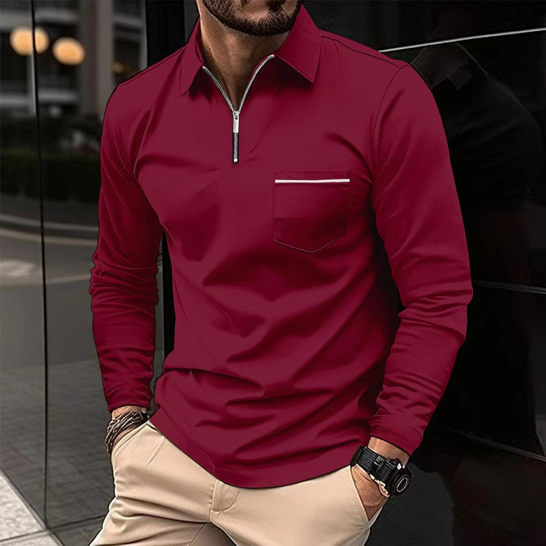 Herren Langarm Poloshirt mit Reissverschluss, einfarbig