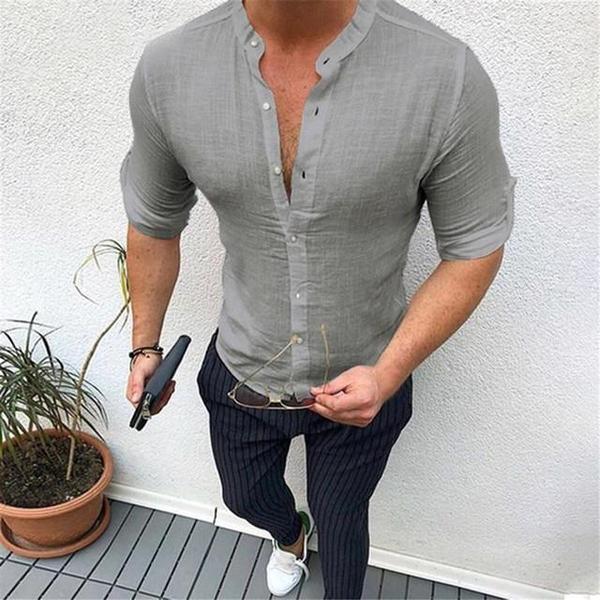 Herren Cardigan Leinen Stehkragen langarm Frontansicht