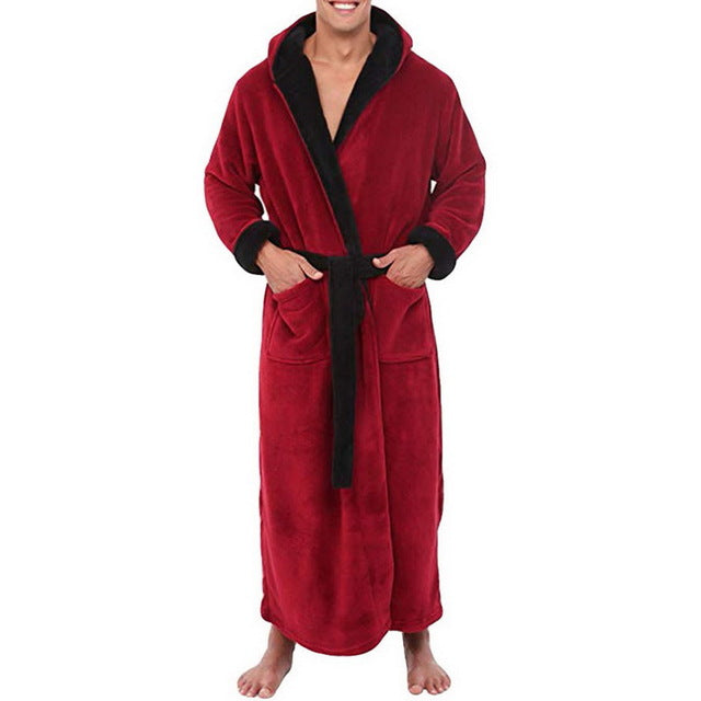 Herren Bademantel aus Flanell mit Kapuze in Schwarz