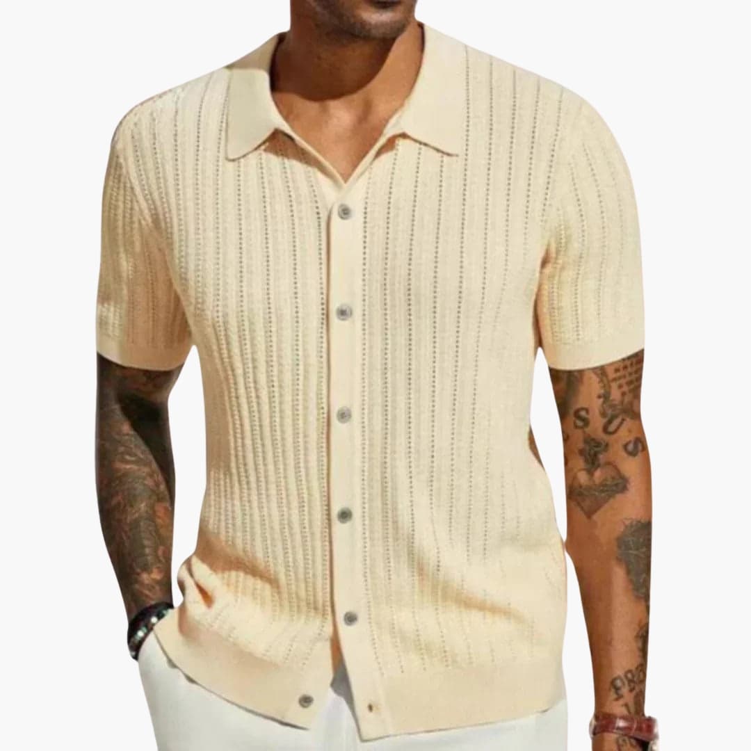 SwissFellas Herren Strickhemd mit Kurzarm und Strukturdesign, reguläre Passform
