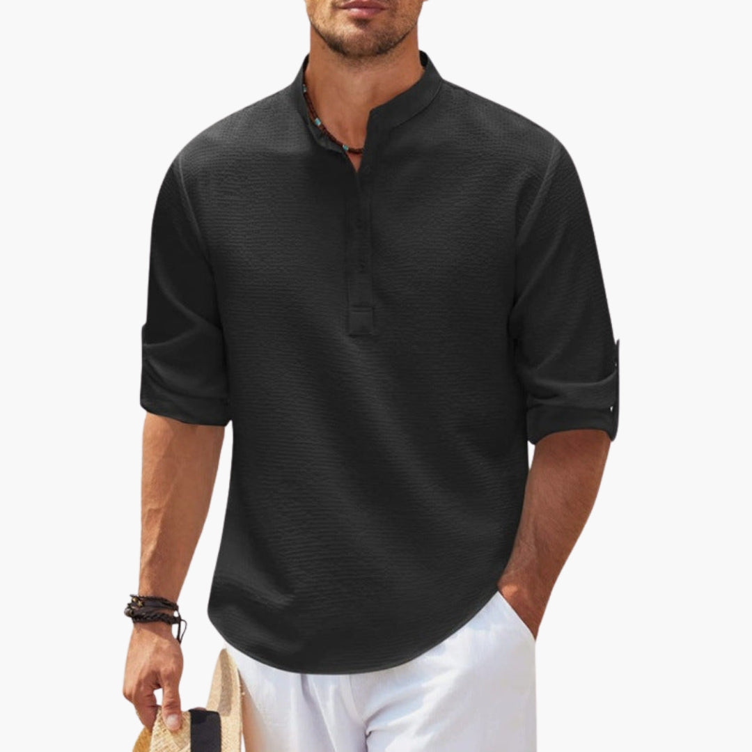 SwissFellas Herren Henley Hemd mit Langarm und Stehkragen, reguläre Passform