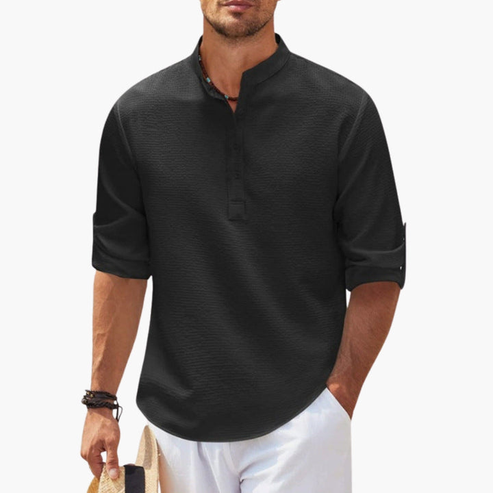 SwissFellas Herren Henley Hemd mit Langarm und Stehkragen, reguläre Passform