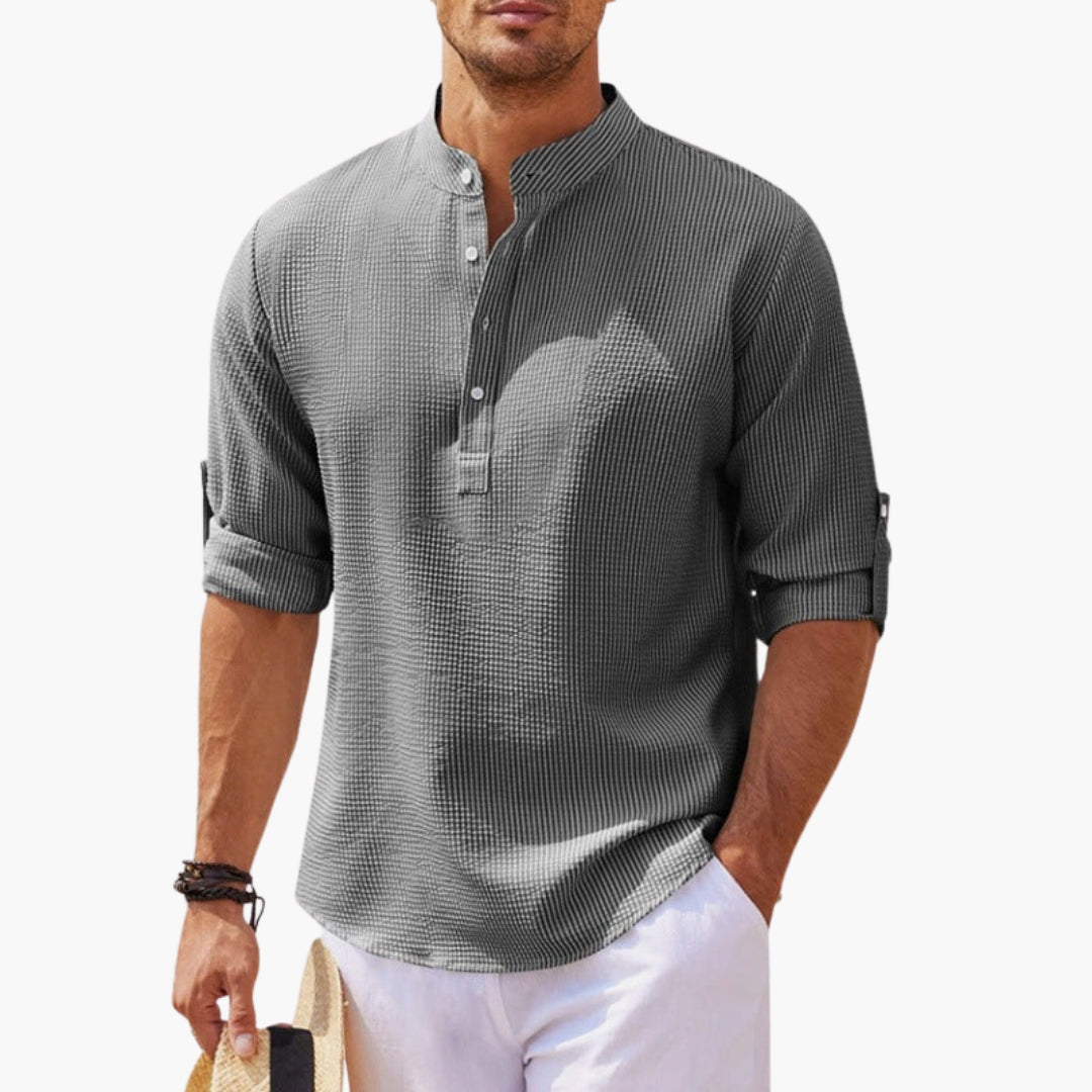 SwissFellas Herren Henley Hemd mit Langarm und Stehkragen, reguläre Passform