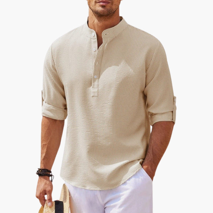SwissFellas Herren Henley Hemd mit Langarm und Stehkragen, reguläre Passform