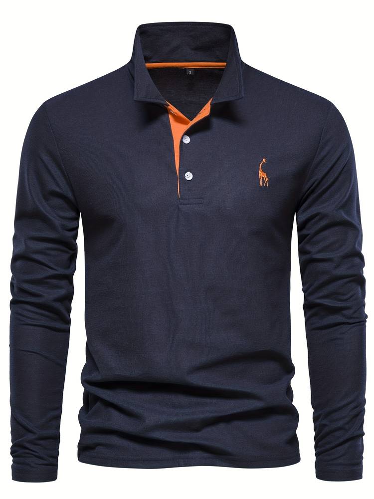 Sweater mit Polokragen und Knopfleiste - dunkelblau - orange