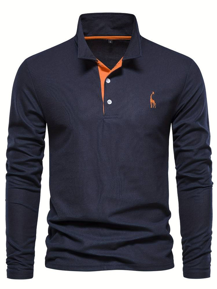 Sweater mit Polokragen und Knopfleiste - dunkelblau - orange