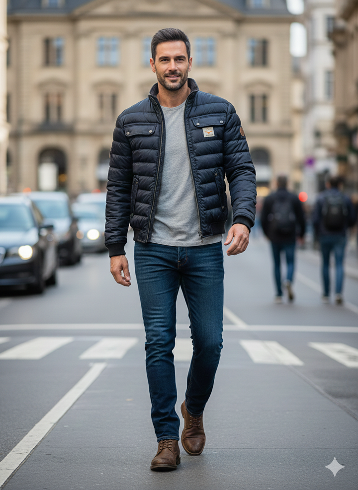 Dunkelblaue gefütterte Herrenjacke mit schmalem Schnitt