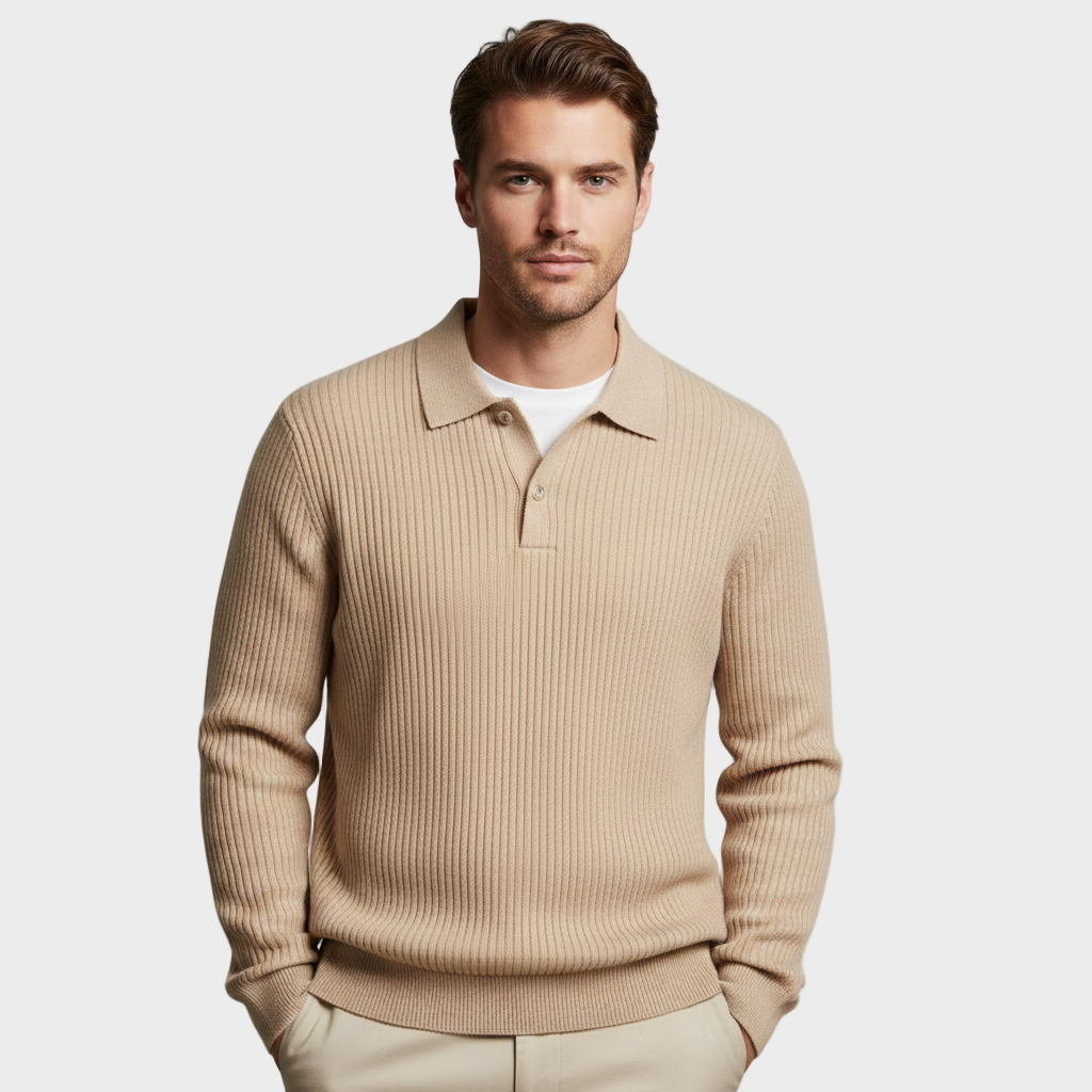 Herren Langarm Strick-Polopullover mit Knöpfen | Gerippte Struktur