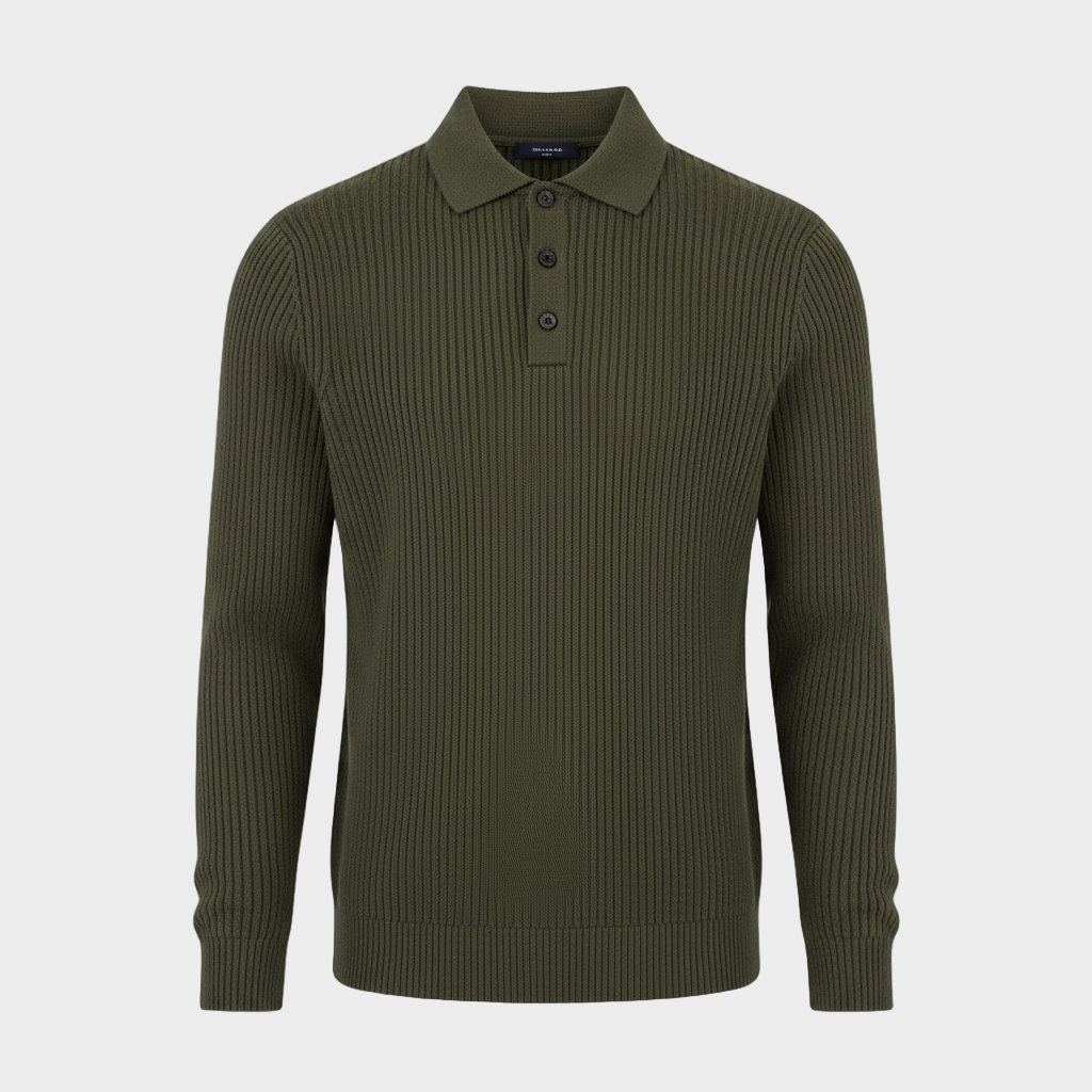 Herren Langarm Strick-Polopullover mit Knöpfen | Gerippte Struktur