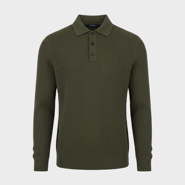 Herren Langarm Strick-Polopullover mit Knöpfen | Gerippte Struktur