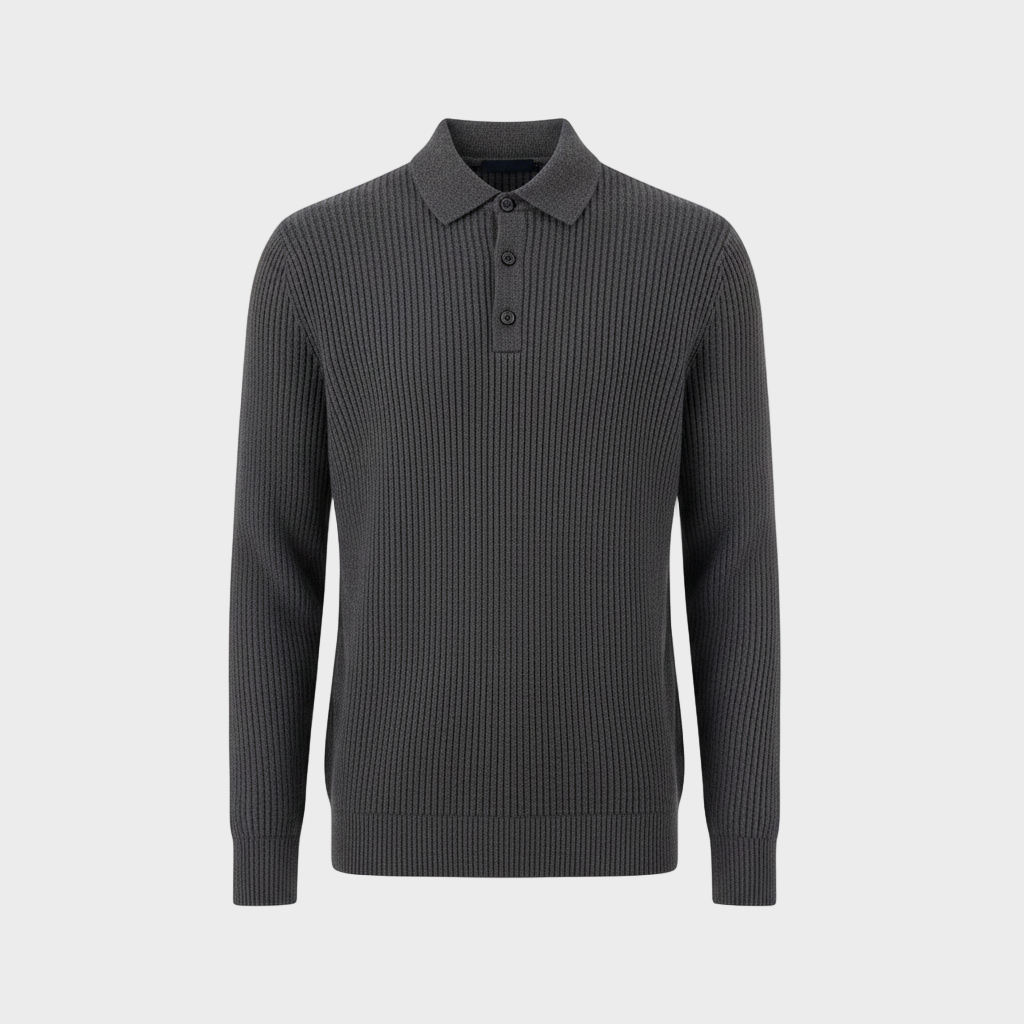 Herren Langarm Strick-Polopullover mit Knöpfen | Gerippte Struktur