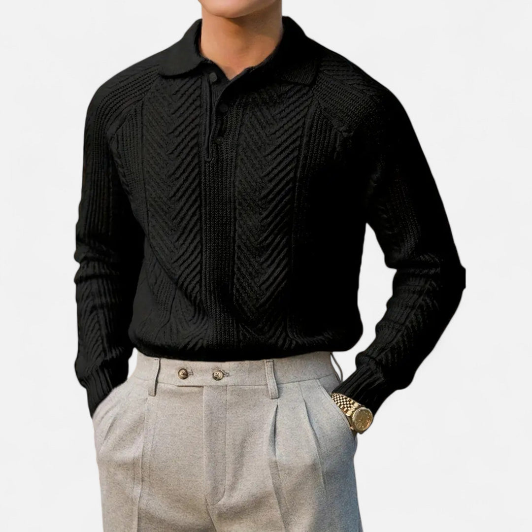 Herren Langarm Strick Polo Pullover mit Knöpfen | Gemustert