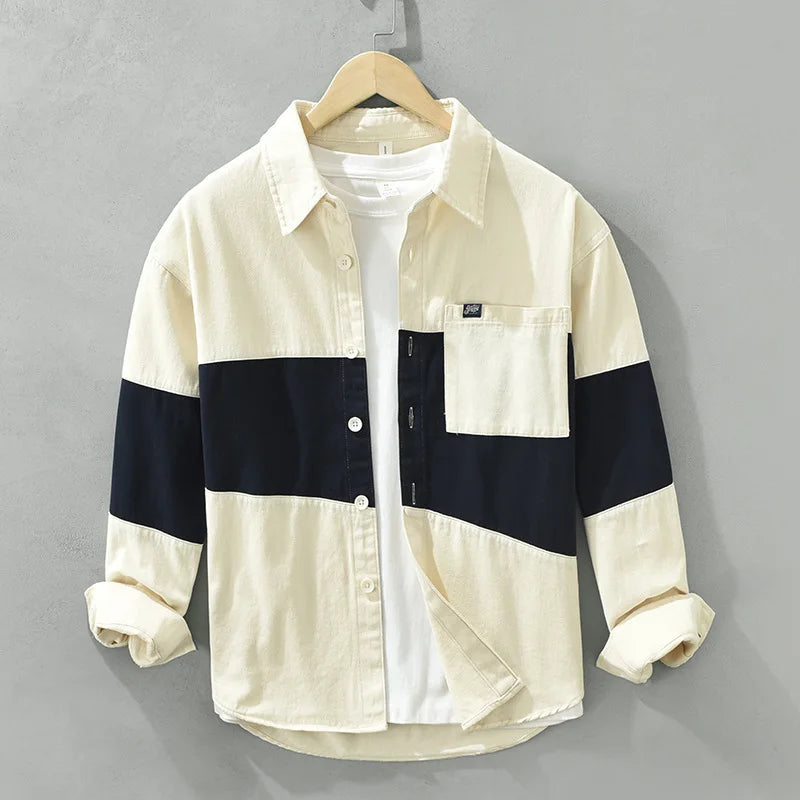 SwissFellas Herren Langarmhemd im Colour-Block-Button-Up-Stil, reguläre Passform