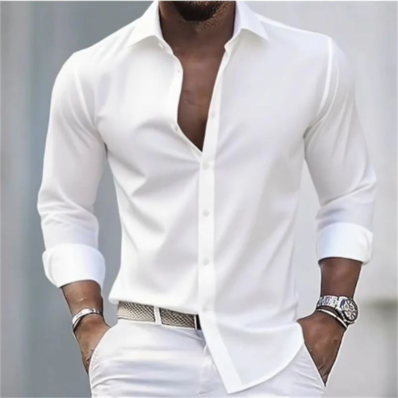 Herren Slim-Fit Hemd mit langen Ärmeln, Knöpfen und einfarbigem Design | Formell
